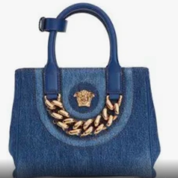 Authentic Rare Versace La Medusa Chain Embellished Leather trimmed Denim Tote 💙 - Picture 2 of 16